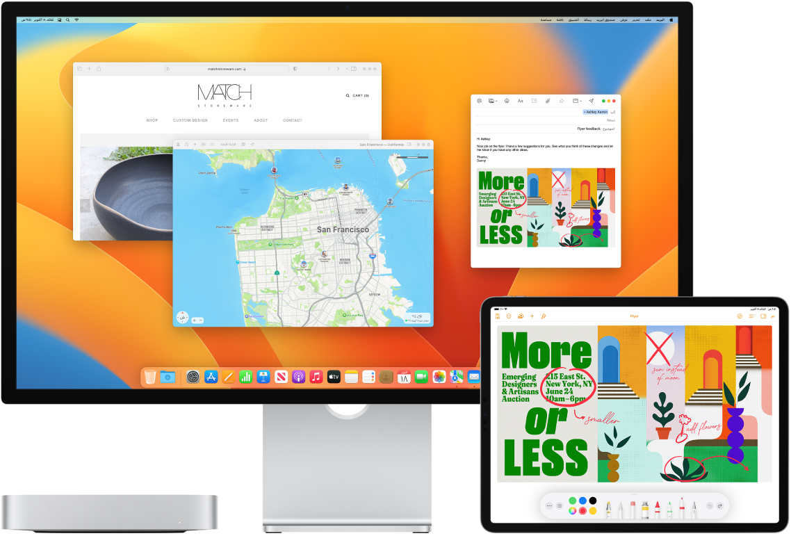 ‏Mac mini و iPad يظهران بجوار بعضهما. تعرض شاشة iPad نشرة إعلانية بها تعليقات توضيحية. تحتوي شاشة Mac mini على رسالة بريد تظهر بها النشرة الإعلانية ذات التعليقات التوضيحية واردة من iPad كمرفق.