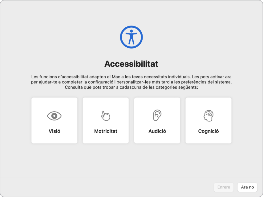 Una pantalla de Mac amb les opcions d’Accessibilitat a l’Assistent de Configuració.