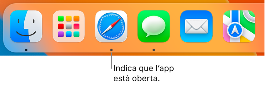 Un fragment del Dock amb uns punts negres a sota de les apps obertes.