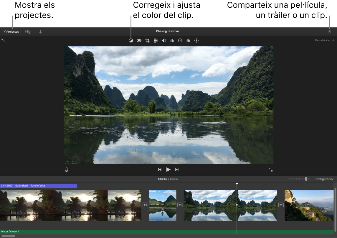 Una finestra de l’iMovie amb els botons per veure projectes, corregir i ajustar el color i compartir la pel·lícula, tràiler o clip.