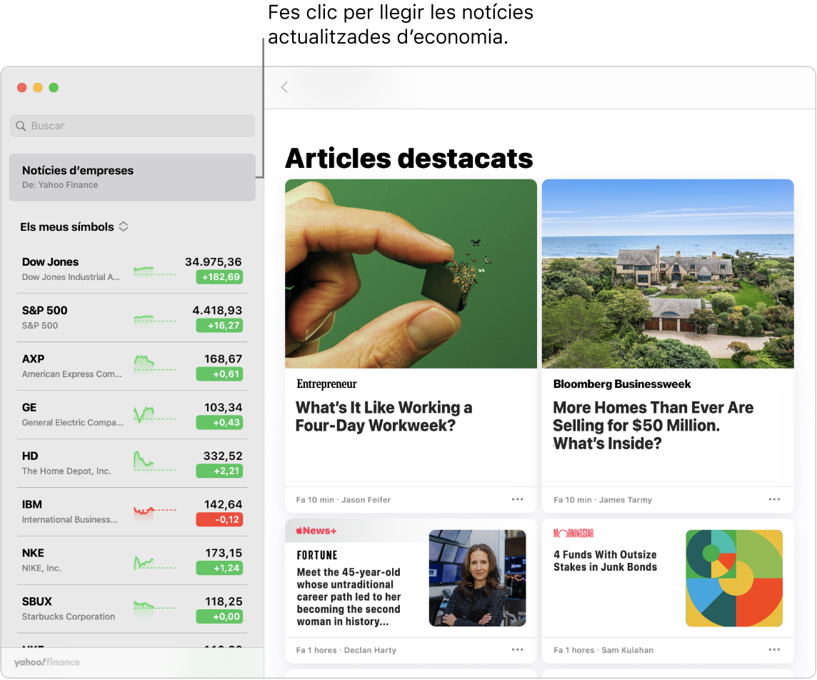 El dashboard de l’app Borsa amb els preus del mercat a una llista de favorits amb articles destacats.