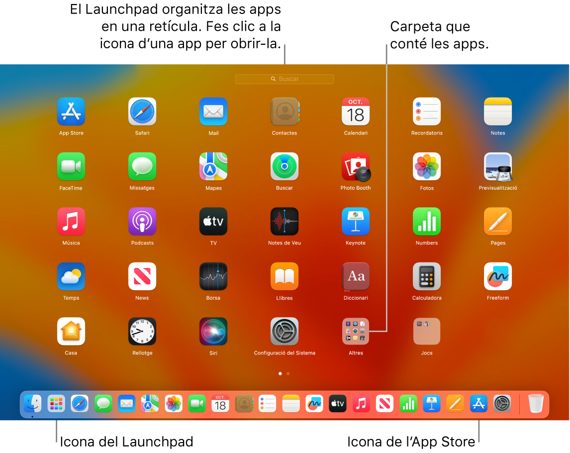 Una pantalla de Mac amb el Launchpad obert mostrant una carpeta d’apps al Launchpad i la icona del Launchpad i de l’App Store al Dock.