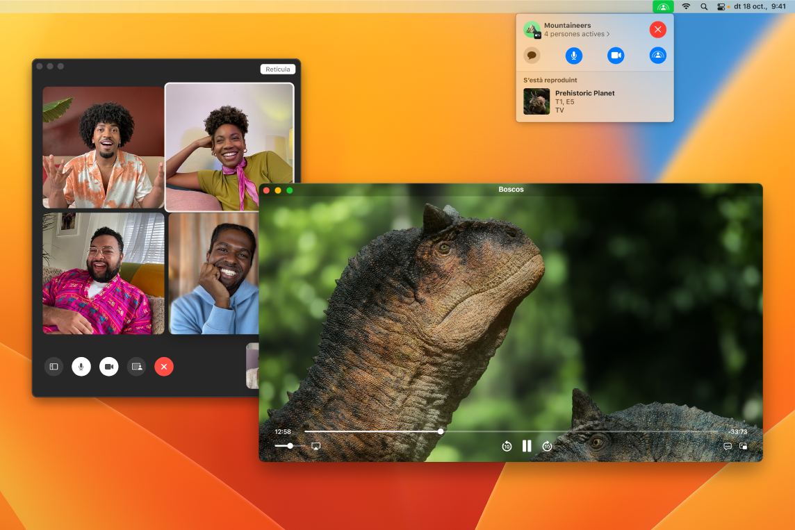 Un grup de persones veient un episodi de Prehistoric Planet en una finestra de l’app Apple TV des de la finestra del FaceTime.