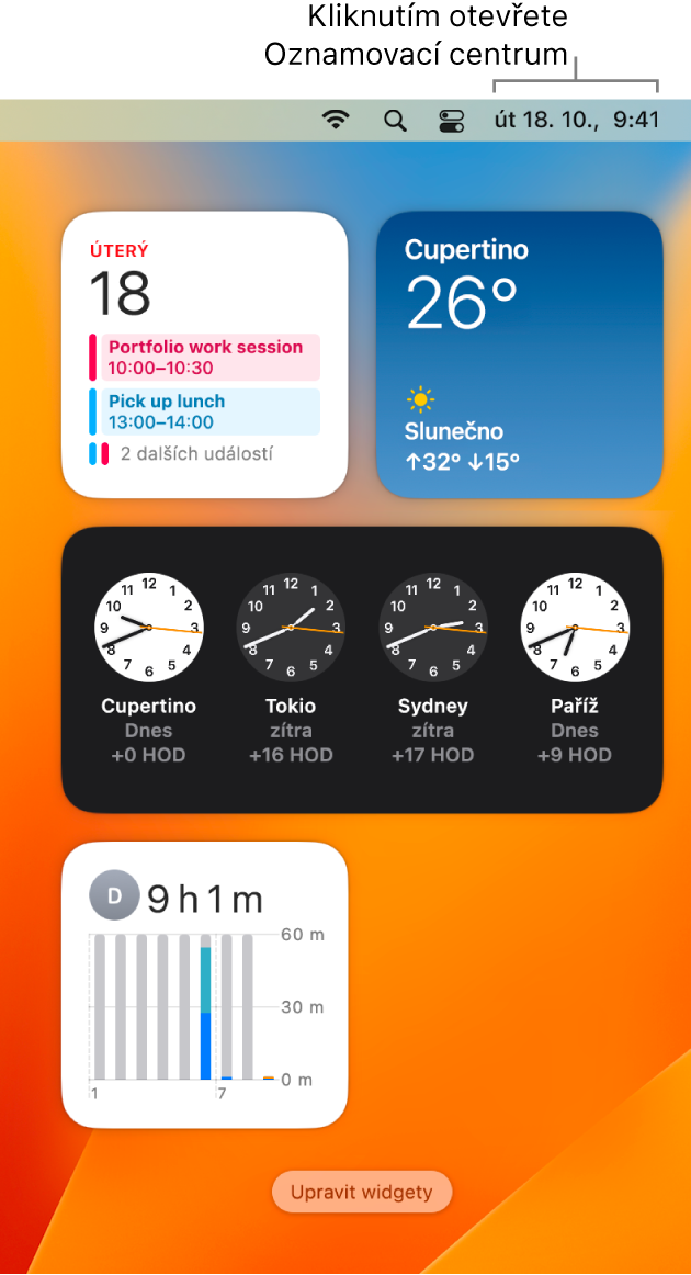 Oznamovací centrum s oznámeními a widgety aplikací Kalendář, Počasí, Hodiny a Čas u obrazovky