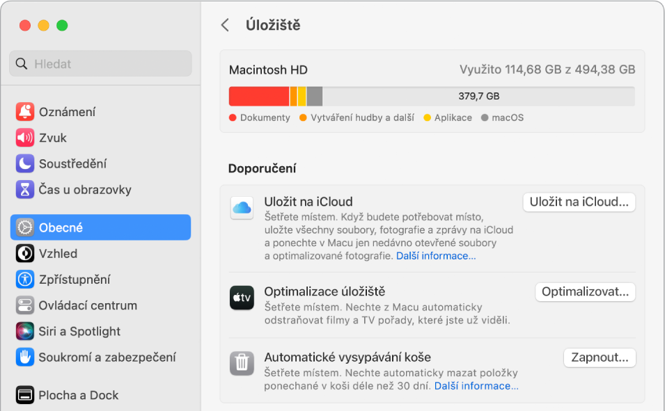 Nastavení „Doporučení“ pro úložiště s volbami „Uložit na iCloud“, „Optimalizovat úložiště“ a „Automaticky vysypávat koš“