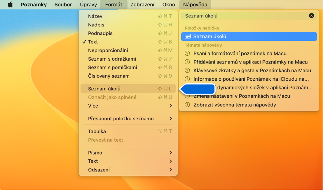 Nabídka Nápověda s hledaným textem „seznam úkolů“ a se zvýrazněným příkazem „Seznam úkolů“ v nabídce Formát