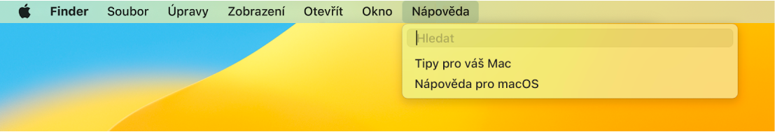 Část plochy s otevřenou nabídkou Nápověda, obsahující volby Hledat a Nápověda pro macOS