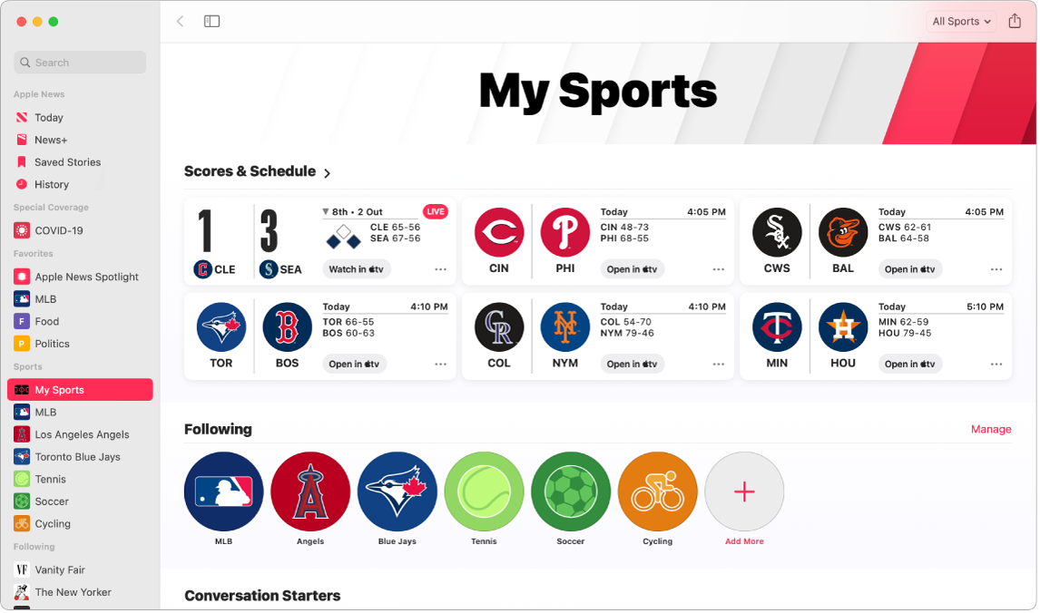 Vinduet News med My Sports, der inkluderer Schedules og Scores samt de ligaer, hold og sportsgrene, der følges.