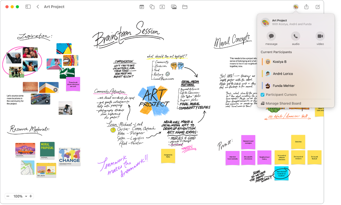 A Freeform board with the collaboration tab open and examples of a brainstorming session.