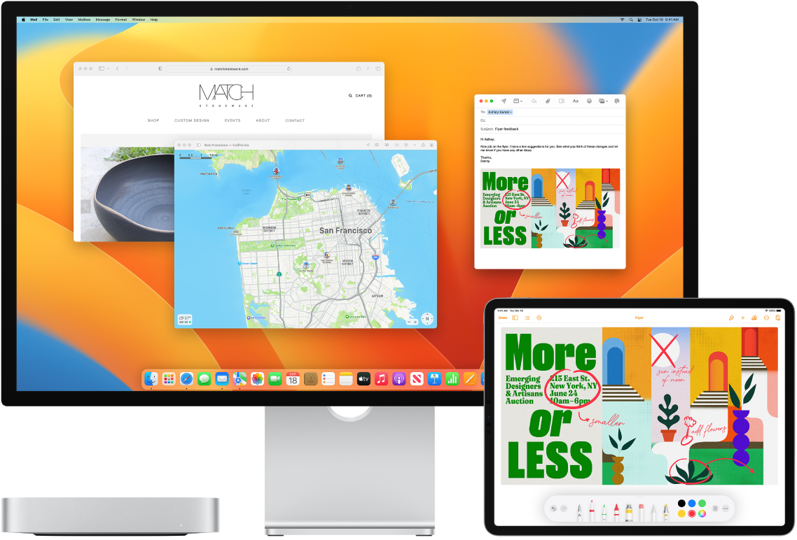 A Mac mini and iPad are shown next to each other. The iPad screen shows a flyer with annotations. The Mac mini screen has a Mail message with the annotated flyer from the iPad as an attachment.