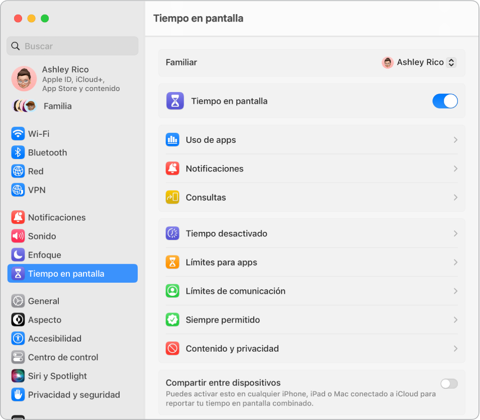  Una ventana de configuración de Tiempo en pantalla mostrando opciones para ver las Apps usadas, Notificaciones y Consultas, además de opciones para administrar Tiempo en pantalla, como programar Tiempo desactivado, configurar Límites para apps y Límites de comunicación, y más.