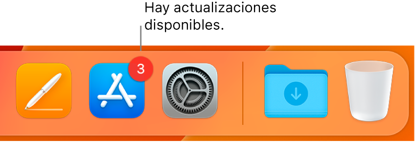 Una parte del Dock mostrando el ícono de App Store con un indicador que muestra que hay actualizaciones disponibles.