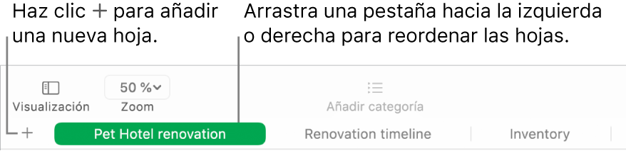 Ventana de Numbers donde se muestra cómo añadir una nueva hoja y cómo reordenar las hojas.