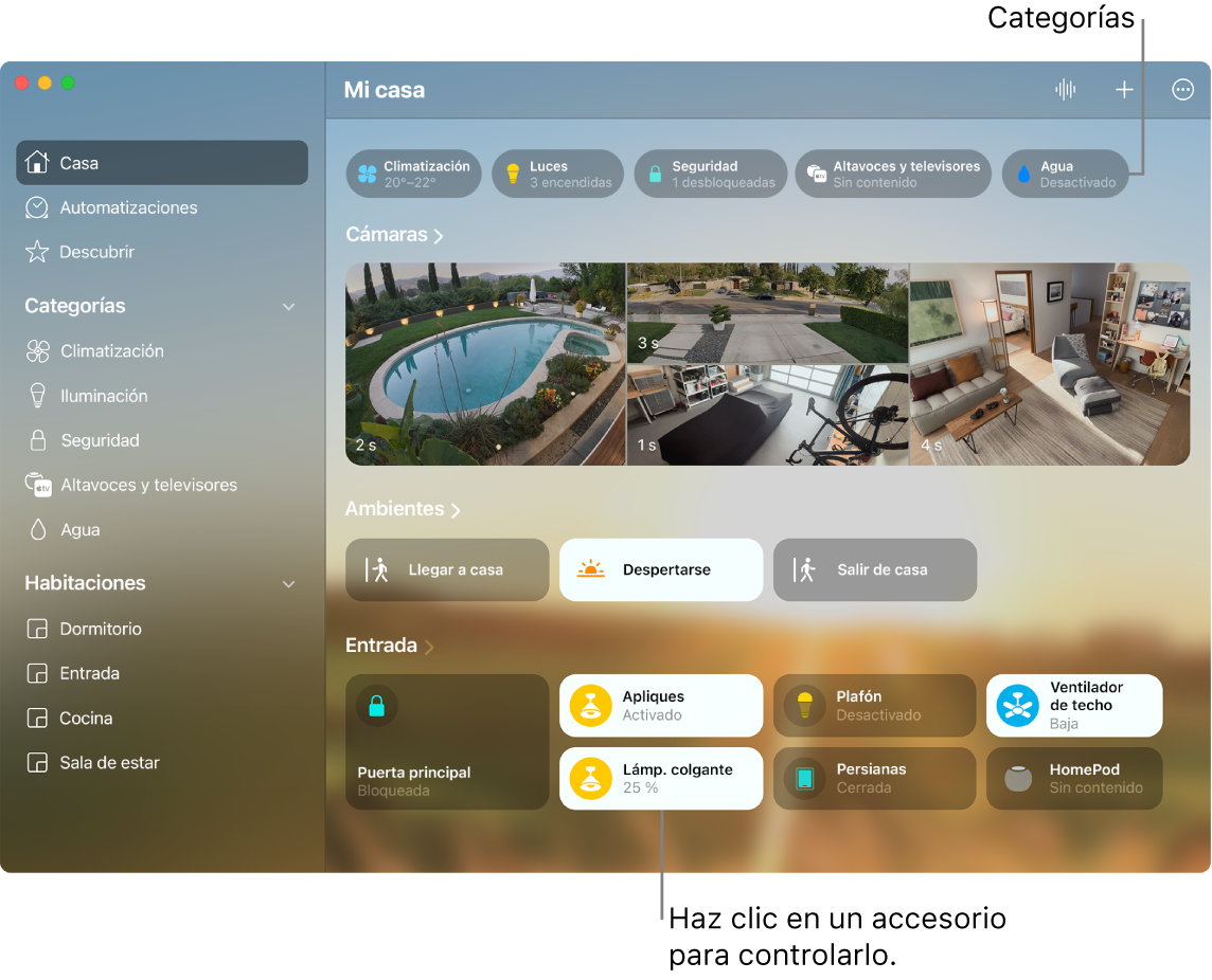 La app Casa con las categorías y los ambientes y accesorios favoritos del usuario.