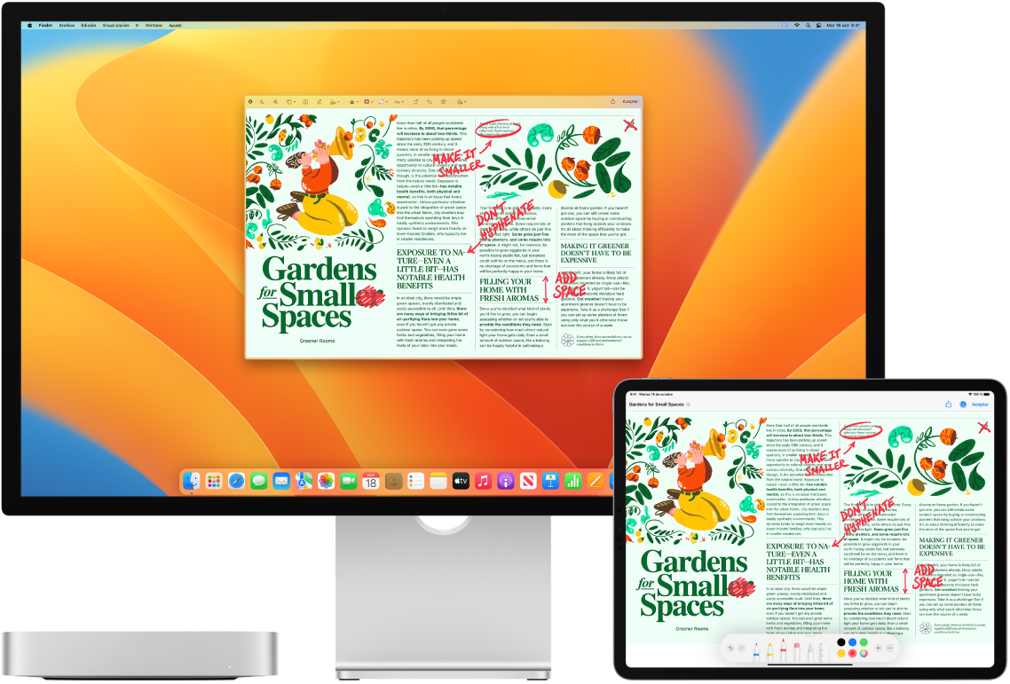Un Mac mini al lado de un iPad. Ambas pantallas muestran un artículo lleno de anotaciones a mano de color rojo, como frases tachadas, flechas y palabras añadidas. El iPad también tiene controles de marcación en la parte inferior de la pantalla.