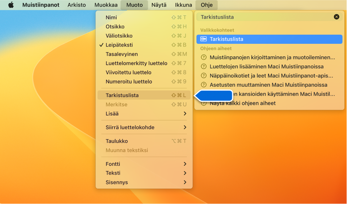 Ohje-valikko, jossa näkyy ”tarkistuslista”-haku ja Tarkistuslista on korostettuna Muoto-valikossa.