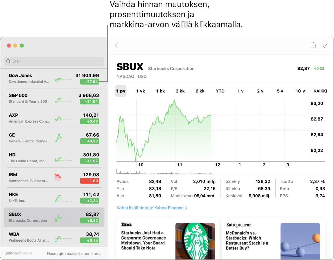 Pörssi-näyttö, jossa näkyy valittuun osakkeeseen liittyviä tietoja ja artikkeleita sekä selite, jossa kehotetaan klikkaamaan kurssimuutoksen, prosentuaalisen muutoksen ja pörssiarvon välillä selaamista varten.