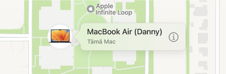 Lähikuva Dannyn MacBook Airin Tiedot-kuvakkeesta.