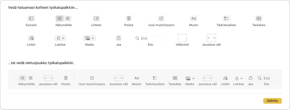 Muistiinpanot-ikkuna, jossa näkyvät käytettävissä olevat työkalupalkin muokkausvalinnat.