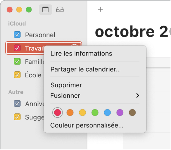 Menu contextuel Calendrier avec ses options pour la personnalisation de la couleur d’un calendrier.