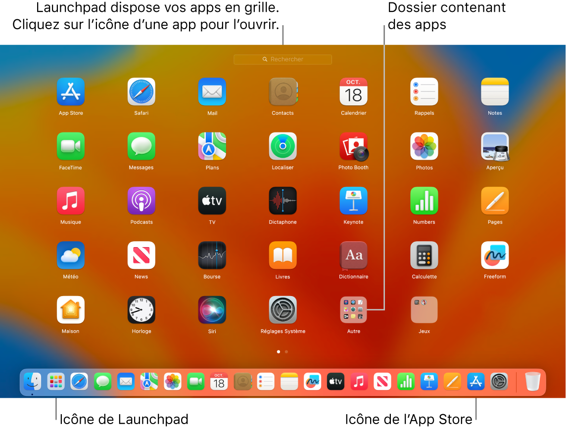 L’écran du Mac avec Launchpad ouvert, affichant un dossier d’apps dans Launchpad, et les icônes Launchpad et App Store dans le Dock.