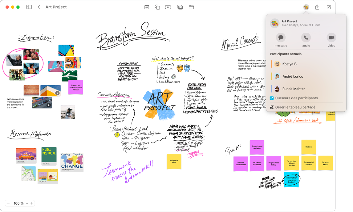 Un tableau Freeform avec l’onglet de collaboration ouvert ainsi que des exemples d’une session de remue-méninges.