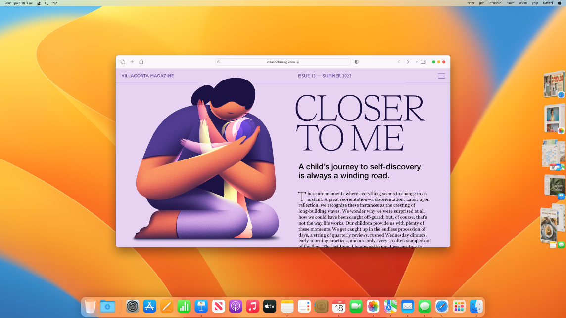 מסך המציג את ״מנהל התצוגה״ עם מסך של Safari בעמוד הראשי ויישומים אחרים בצד שמאל.