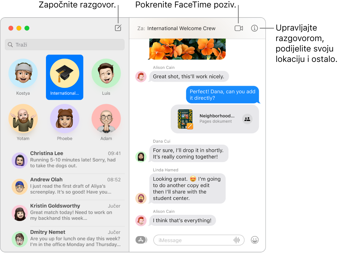 Prozor za Poruke pokazuje kako započeti razgovor i kako započeti FaceTime poziv.