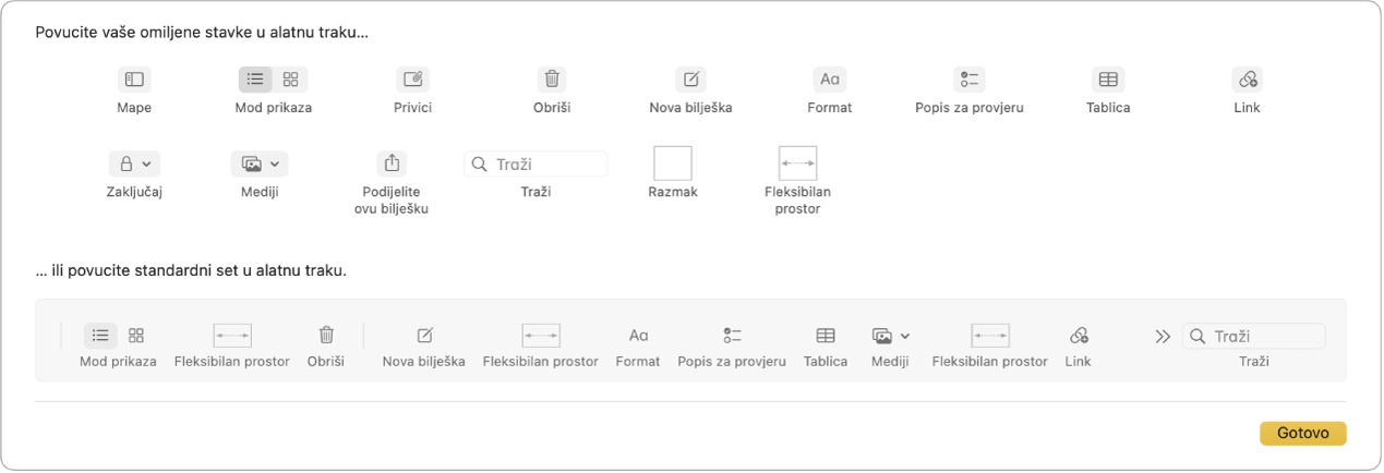 Prozor aplikacije Bilješke koji prikazuje opcije prilagođavanja alatne trake koje su dostupne.