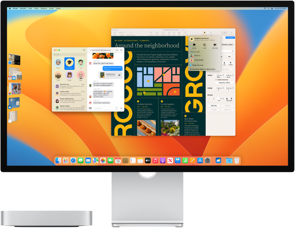 Mac mini spojen na zaslon s radnom površinom s prikazom Kontrolnog centra i nekoliko otvorenih aplikacija.