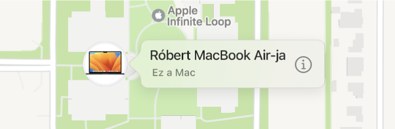 Egy közeli kép az Infó ikonról Dániel MacBook Airjén.