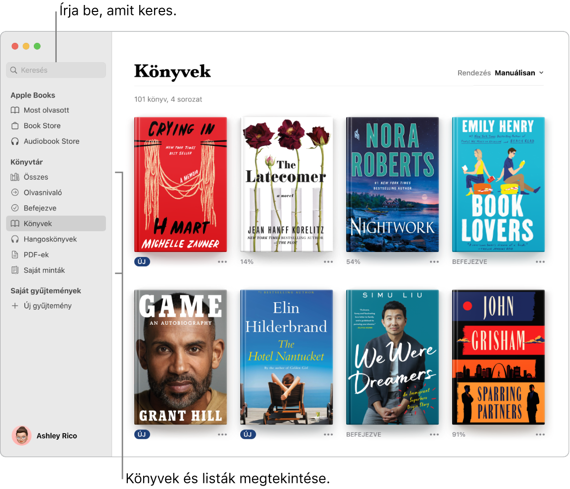 A Könyvek alkalmazás ablaka, amelyben látható a könyvek megtekintése, a válogatott tartalom áttekintése és a keresés.