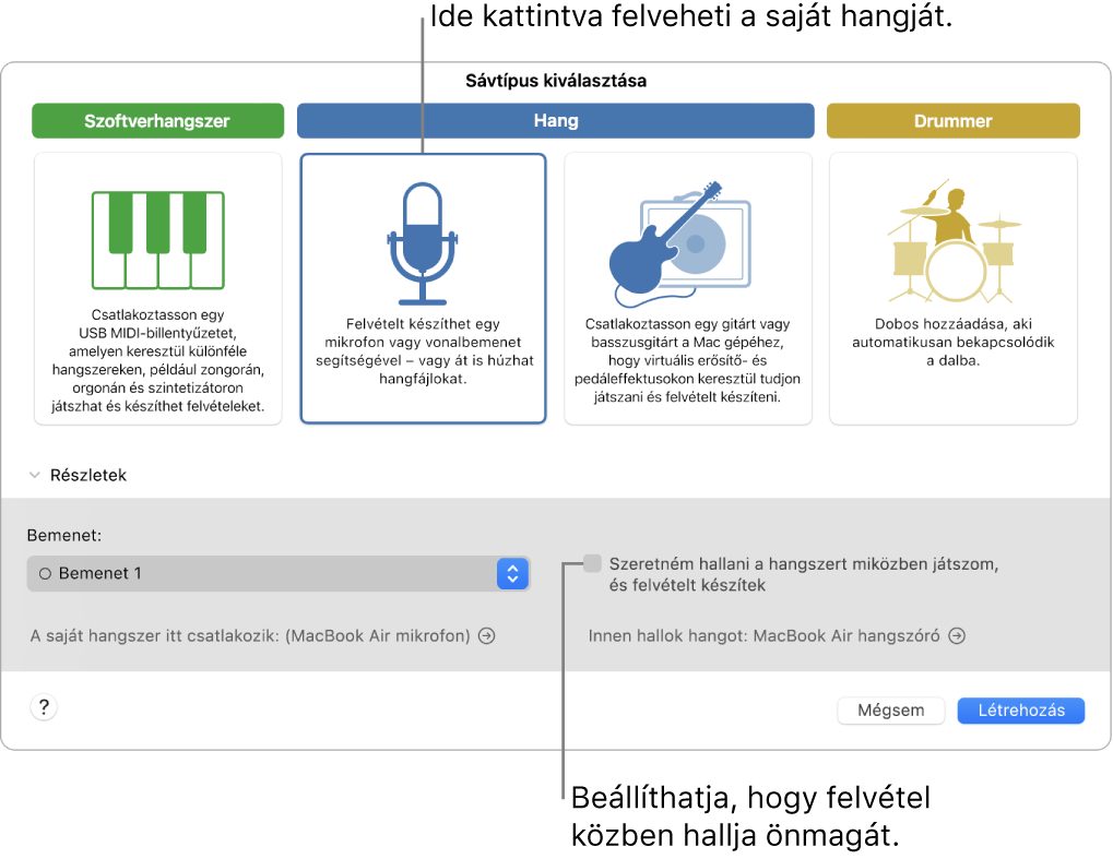 A GarageBand hangszerpanele, amelyen megtekintheti, hová kell kattintania a hang rögzítéséhez, és hogyan hallgathatja magát felvételkor.