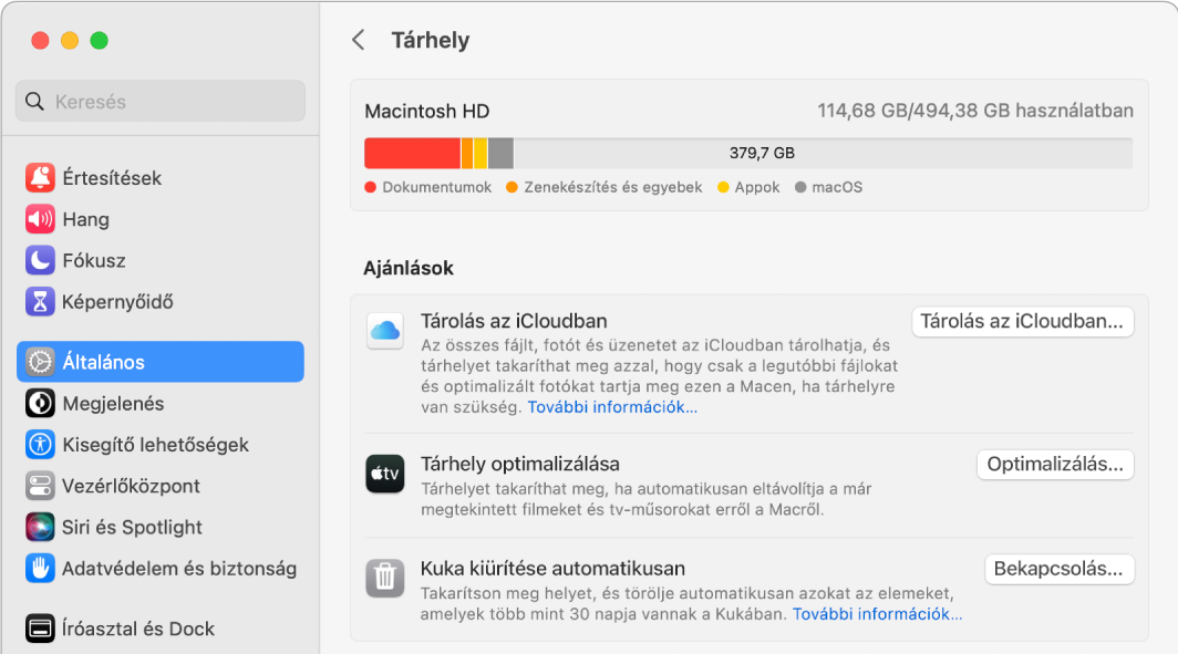 Tárhellyel kapcsolatos beállítások a Javaslatok panelen a következő opciókkal: Tárolás az iCloudban, Tárhely optimalizálása és Kuka törlése automatikusan.