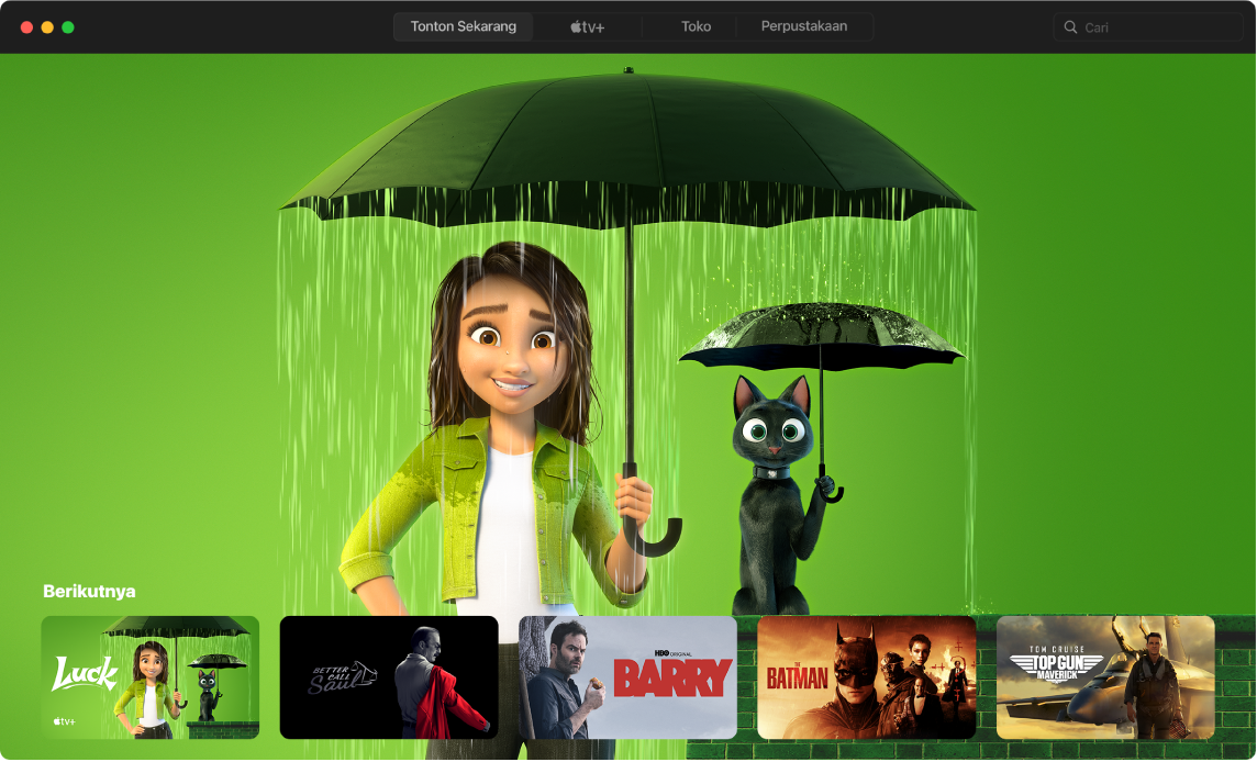 Jendela app Apple TV menampilkan tampilan Tonton Sekarang.