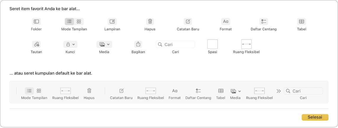 Jendela Catatan menampilkan pilihan sesuaikan bar alat yang tersedia.
