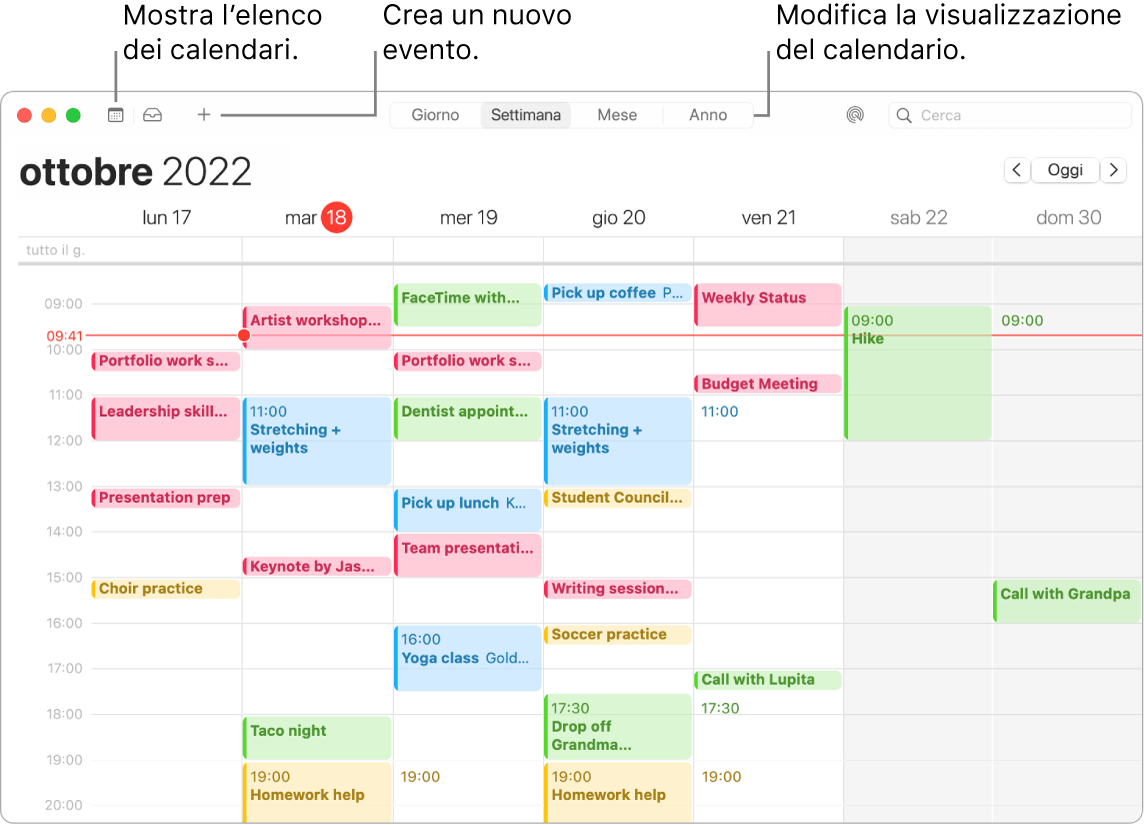 Una finestra di Calendario che mostra l'elenco dei calendari, come creare un evento e come scegliere la vista Giorno, Settimana, Mese o Anno.