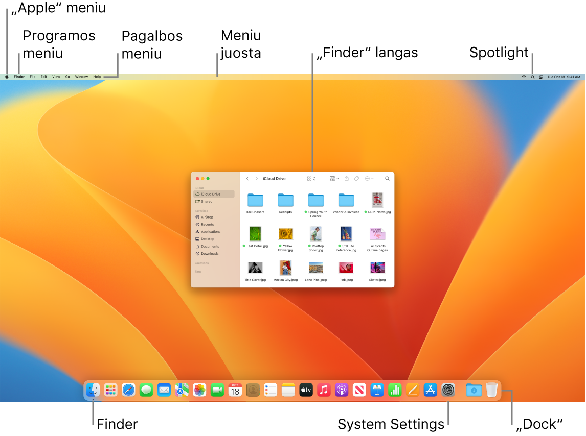 „Mac“ ekranas, kuriame matosi „Apple“ meniu, pagalbos meniu, meniu juosta, „Finder“ langas, „Spotlight“ piktograma, „Finder“ piktograma, „System Settings“ piktograma ir „Dock“.