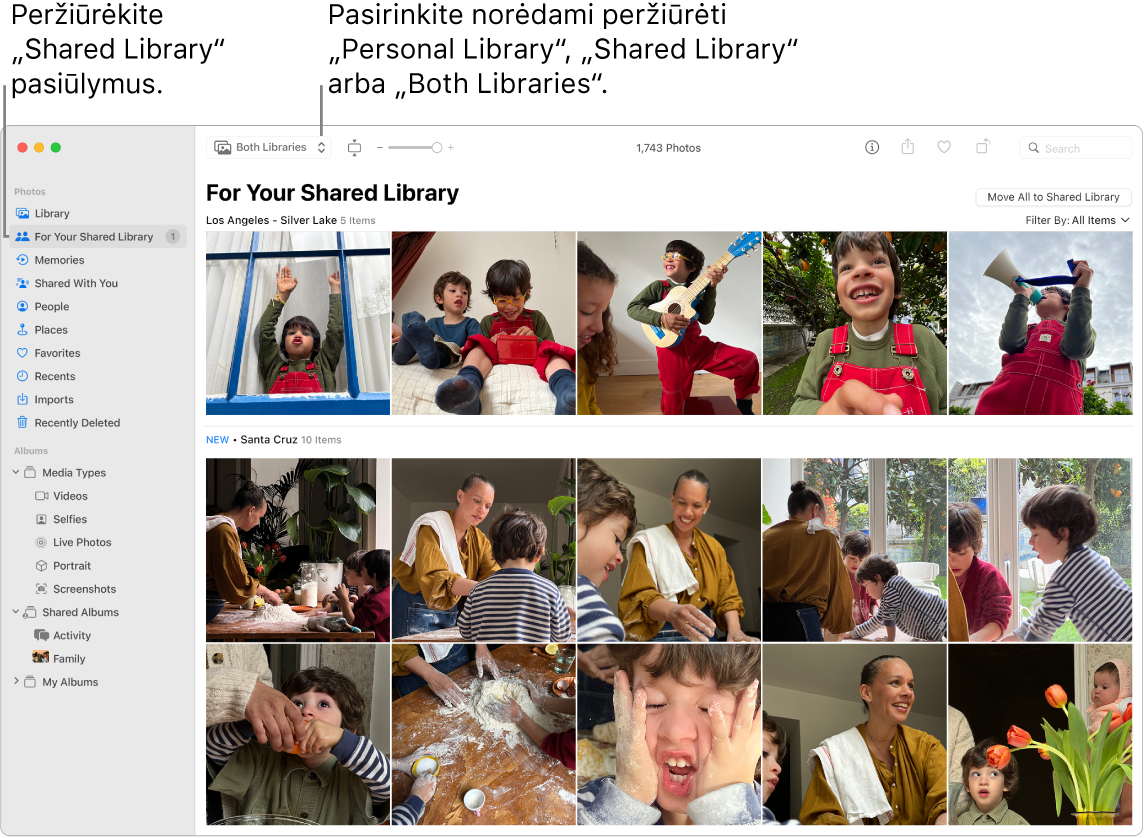 „Photos“ lange rodomos asmeninė biblioteka ir bendrinama biblioteka, taip pat pateikti bendrinamos bibliotekos nuotraukų pasiūlymai.