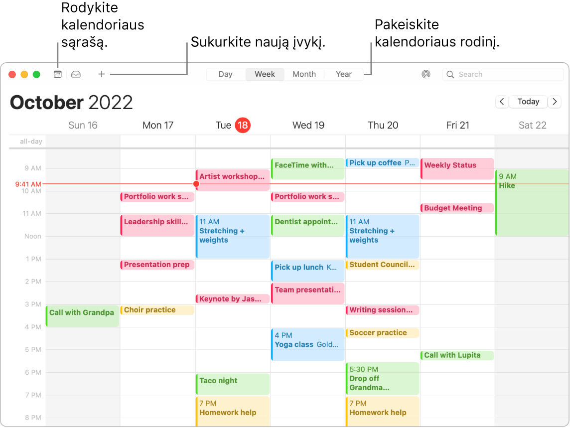 „Calendar“ langas, rodantis kalendorių sąrašą, nurodantis, kaip sukurti įvykį ir pasirinkti rodinį „Day“, „Week“, „Month“ arba „Year“.