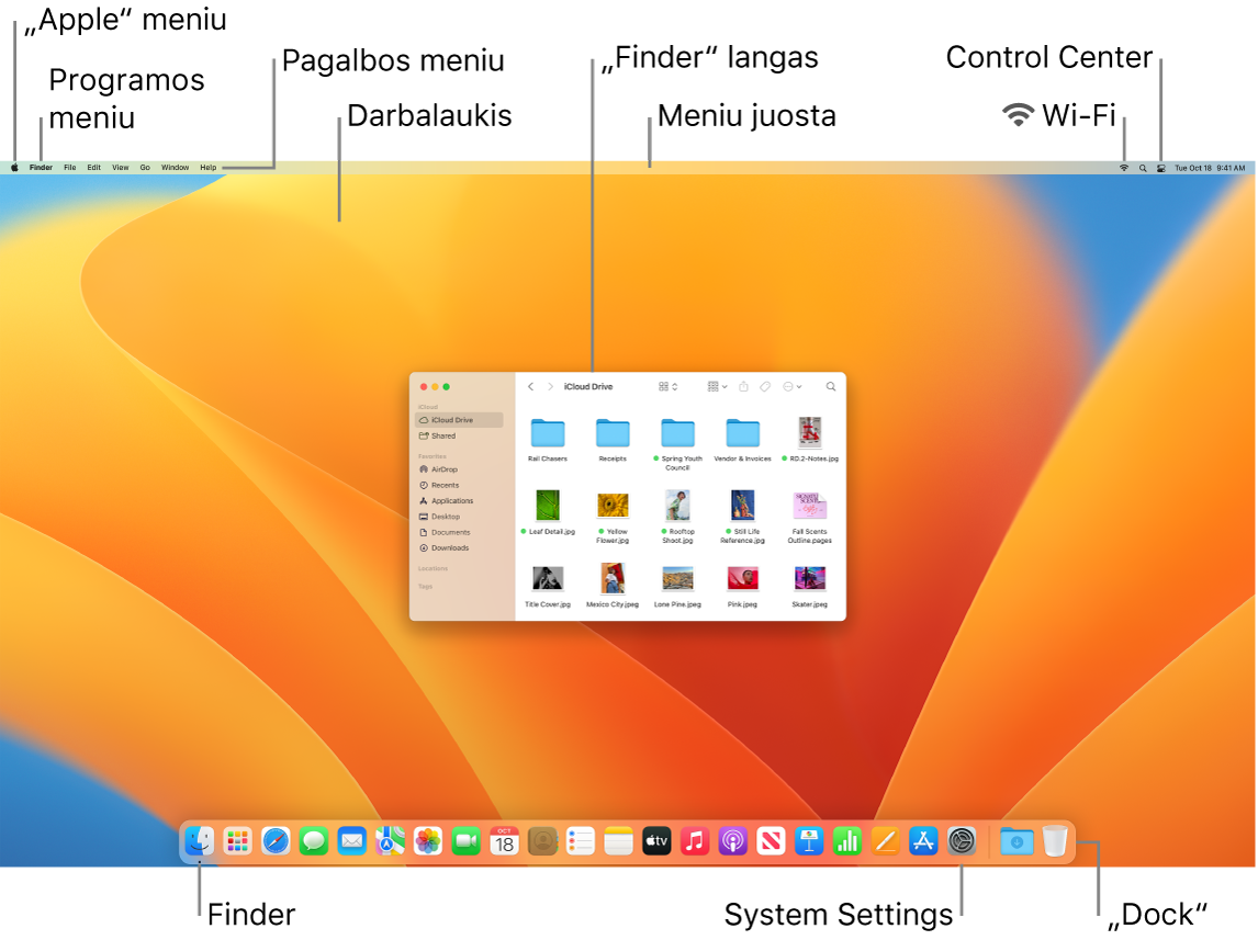 „Mac“ ekranas, kuriame matosi „Apple“ meniu, programos meniu, pagalbos meniu, darbalaukis, meniu juosta, „Finder“ langas, „Wi-Fi“ piktograma, „Control Center“ piktograma, „Finder“ piktograma, „System Settings“ piktograma ir „Dock“.