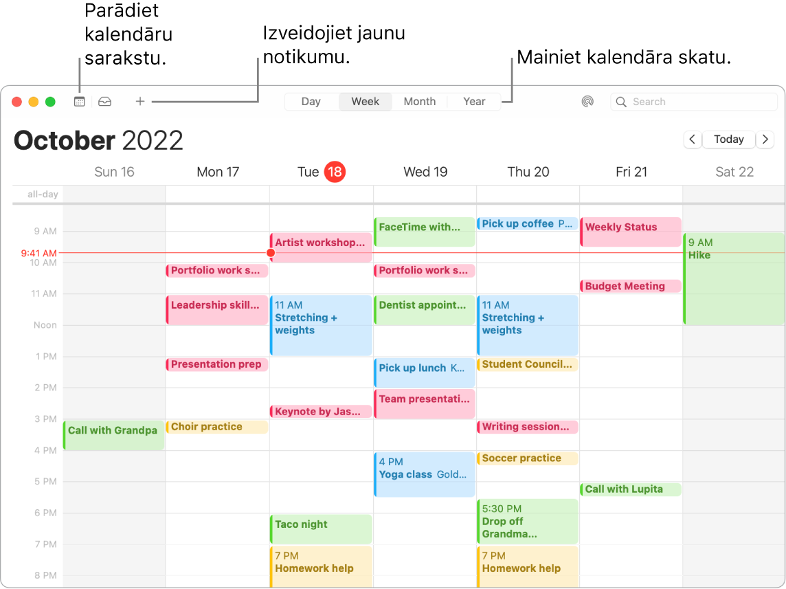 Lietotnes Calendar logā redzams kalendāru saraksts, kā izveidot notikumu un izvēlēties skatu Day, Week, Month vai Year.