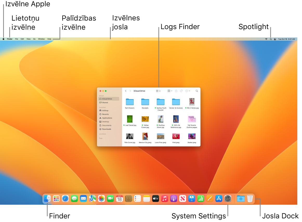 Mac datora ekrānā redzama Apple izvēlne, izvēlne App, izvēlne Help, Izvēlnes josla, logs Finder, ikona Spotlight, ikona Finder, ikona System Settings un josla Dock.