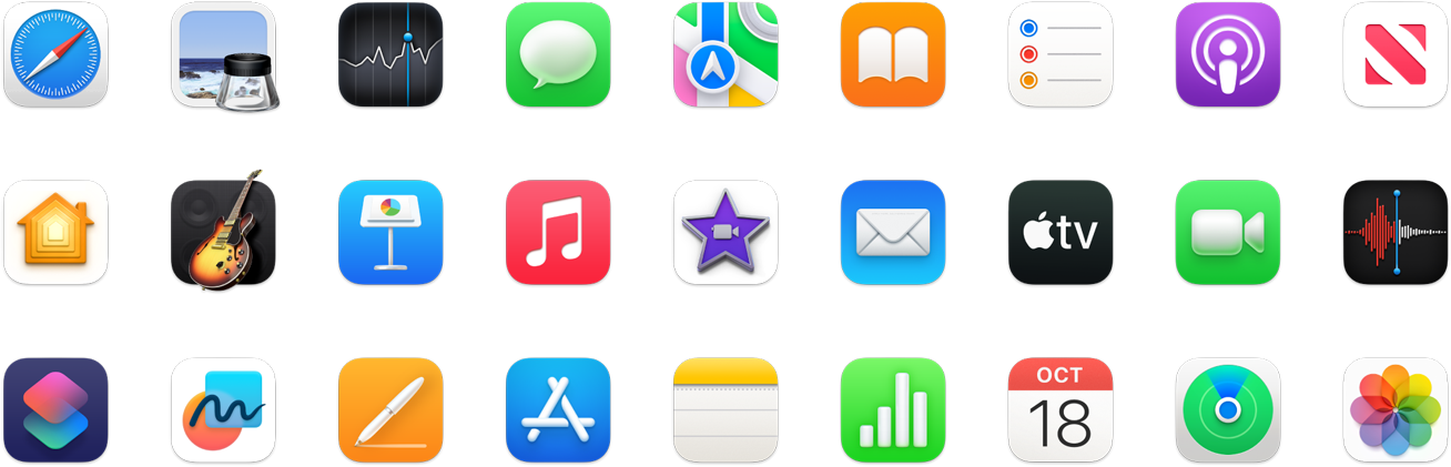Mac mini datorā iekļauto lietotņu ikonas.