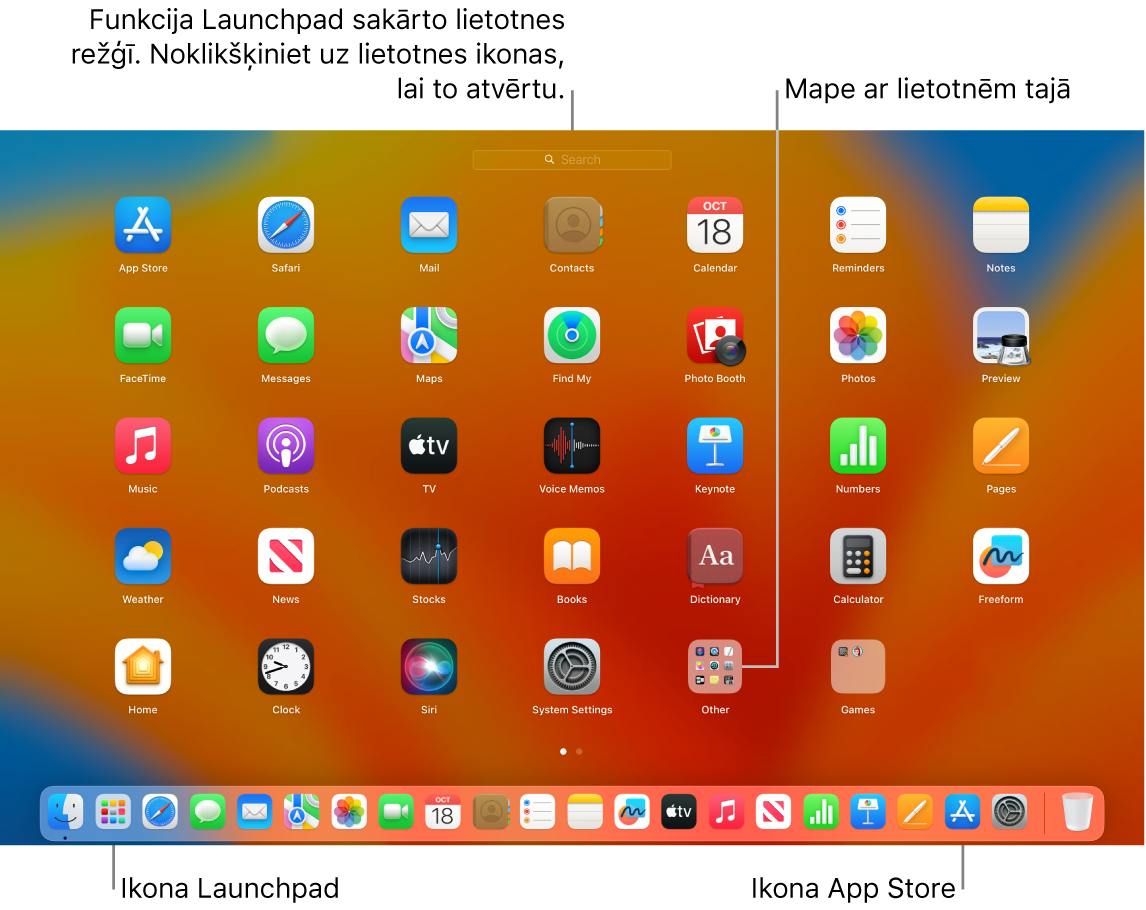 Mac datora ekrāns ar atvērtu funkciju Launchpad; redzama lietotņu mape lietotnē Launchpad, kā arī funkcijas Launchpad un pakalpojuma App Store ikonas joslā Dock.