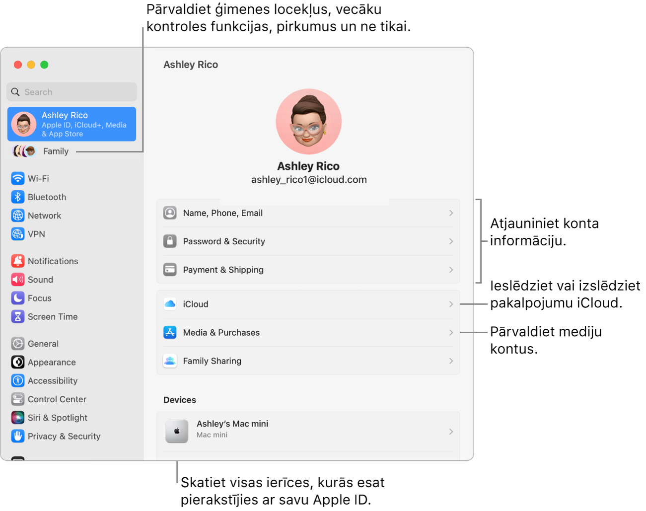 Apple ID iestatījumi izvēlnē System Settings ar remarkām atjaunināt konta informāciju, ieslēgt vai izslēgt iCloud funkcijas, pārvaldīt kontus, un sadaļu Family, kur varat pārvaldīt ģimenes locekļus, vecāku kontroles funkcijas, pirkumus un ne tikai.