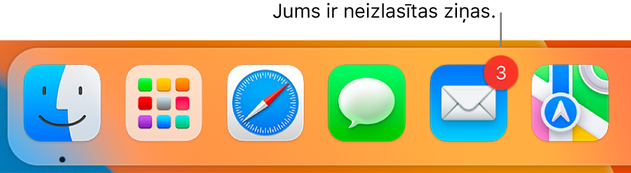 Joslas Dock daļa, kurā redzama lietotnes Mail ikona ar emblēmu, kas norāda nelasīto ziņojumu skaitu.