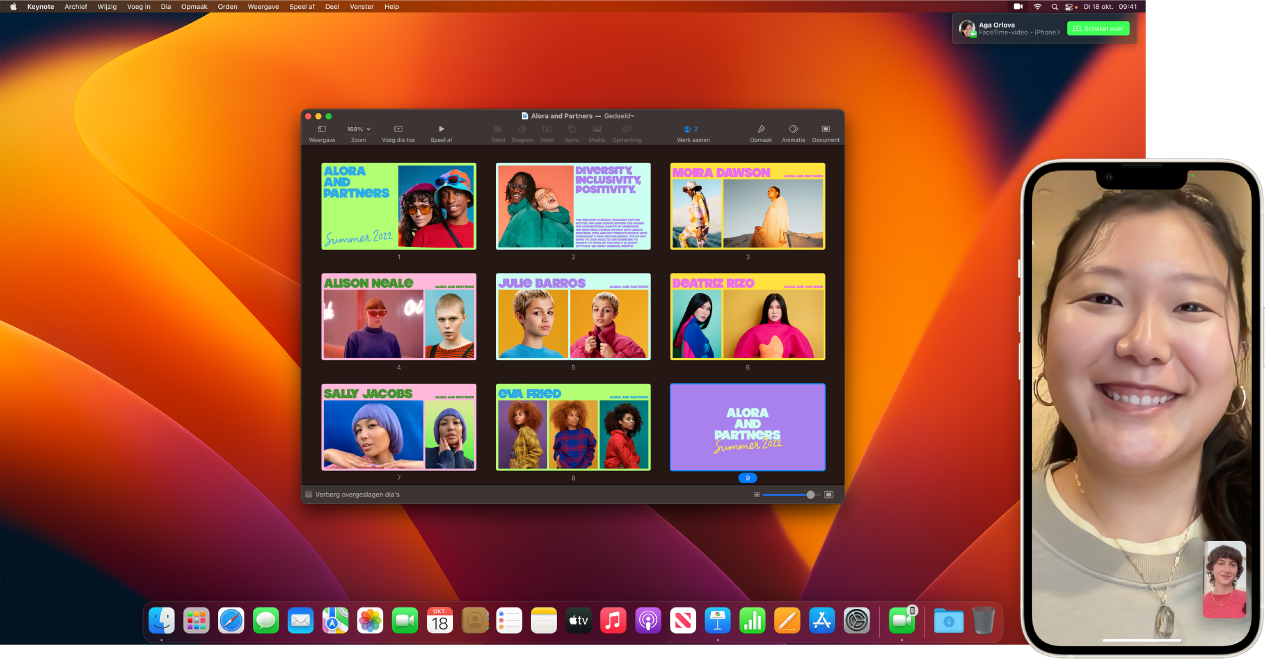 Een FaceTime-gesprek op een iPhone naast een Mac-desktopcomputer waarop een Keynote-venster open is. In de rechterbovenhoek van de Mac is een knop om het FaceTime-gesprek over te zetten naar de Mac.