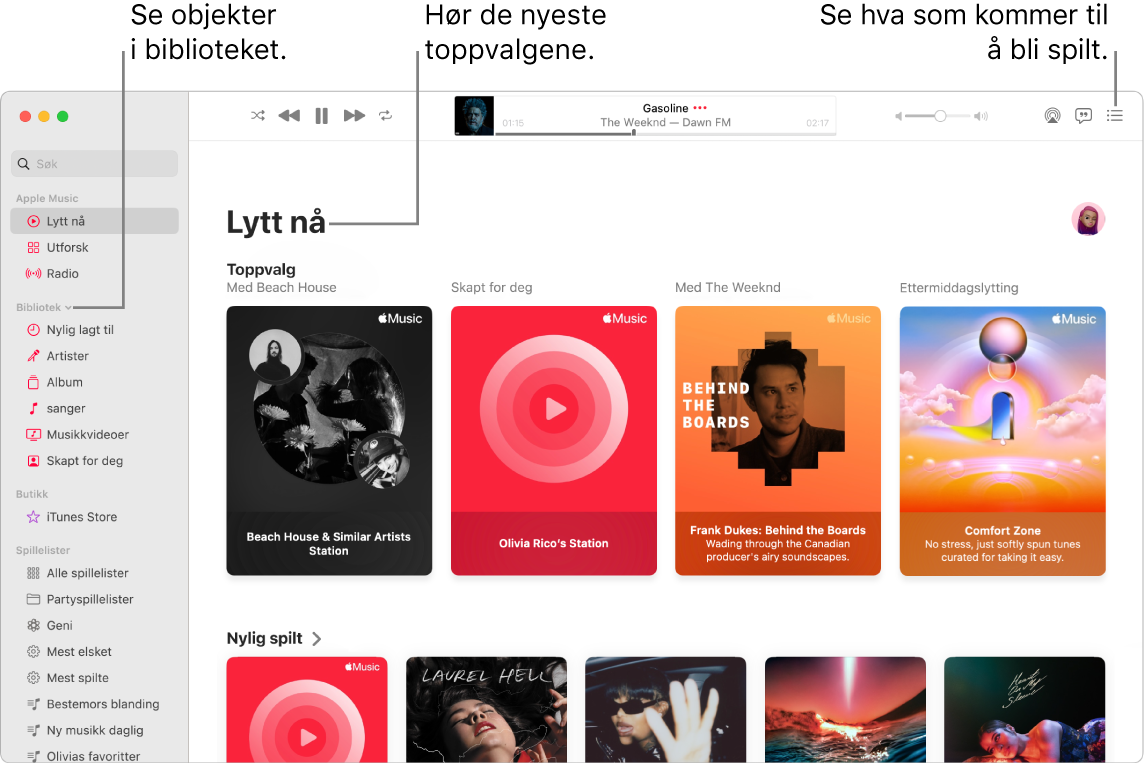 Et Musikk-appvindu som viser hvordan du kan vise biblioteket, lytte til Apple Music og se neste sang.