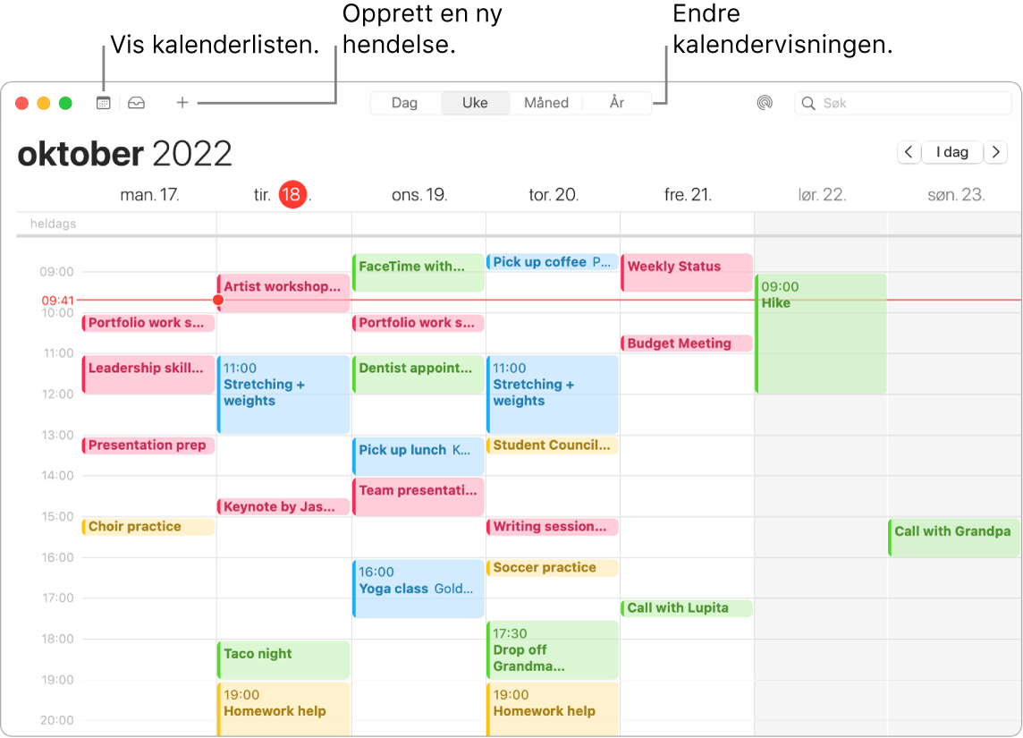 Et Kalender-vindu som viser kalenderlisten, hvordan du oppretter en hendelse, og hvordan du velger dag-, ukes-, måneds- eller årsvisning.